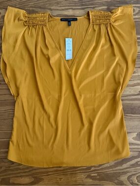 NWT White House Black Market Mustard V-Neck Flutter Sleeve Blouse Small
